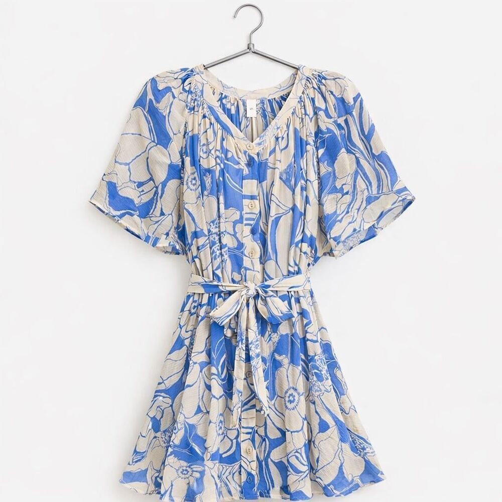 Anthropologie Blue Cream Floral Pleated Mini Dress S Belted Romantic Sheer Dress